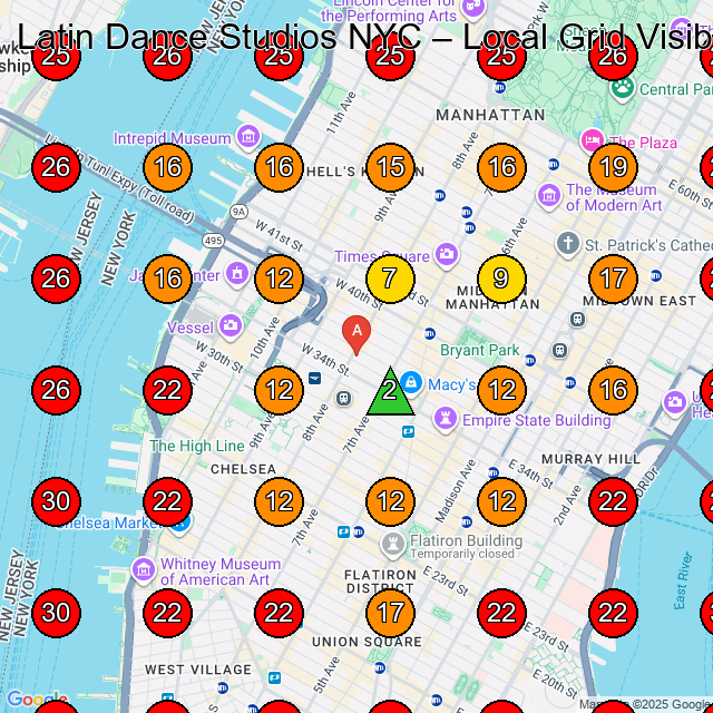 Latin Dance Studios NYC GeoGrid visibility map for Dance School in 500 8th Ave